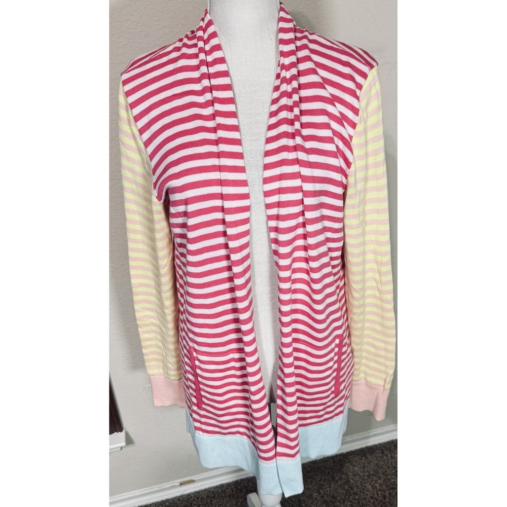 Lands End Womens Medium Pink Striped Colorblock Open Front Cotton Cardigan